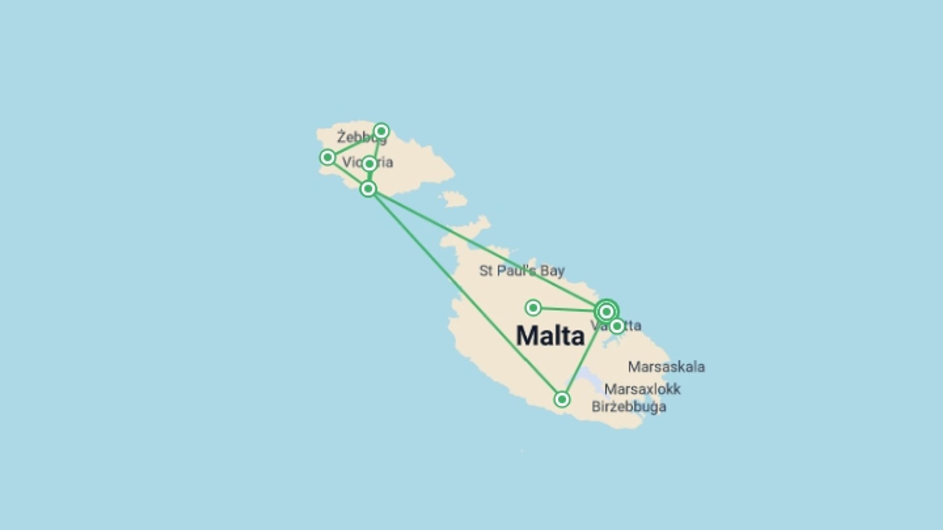 A map showing the tour itinerary for the trip: Malta Highlights, starting in Sliema, Malta and ending in Sliema, Malta going through 1 other destinations.