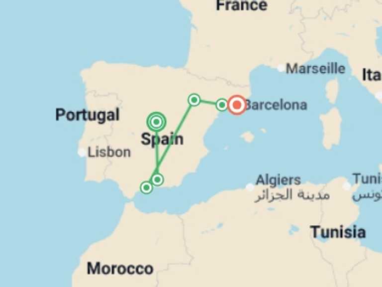 Map of 8-Day Madrid Tour with 6 destination visits for the trip: Classical Spain (without Alhambra)