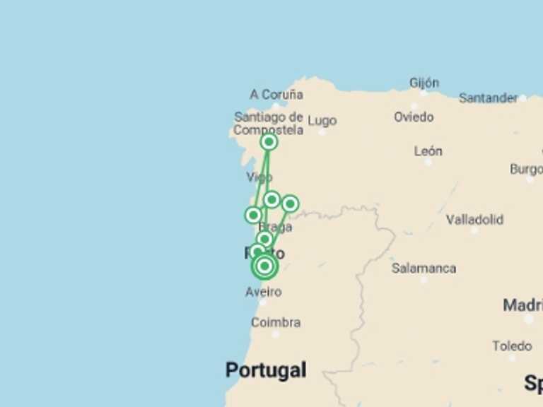 Map itinerary of Porto Tour in Fall with 7 destination visits for the trip: Minho and Porto - Bike Tour