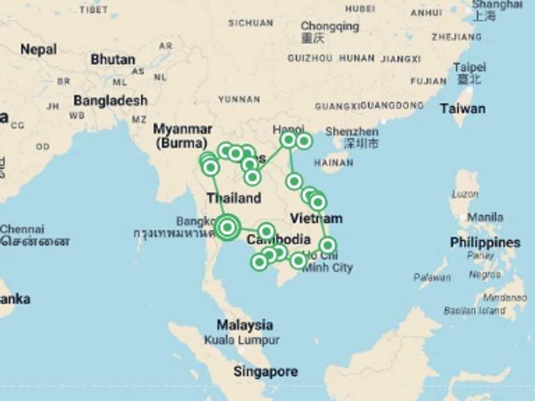 Map itinerary of Hanoi Tour in September 2026 with 21 destination visits for the trip: Southeast Asia: Northern Hilltribe Trekking & Beach Vibes