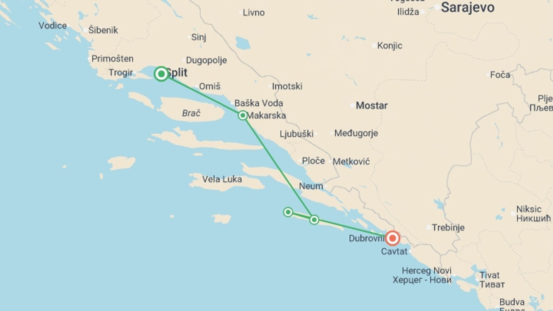 A map showing the tour itinerary for the trip: Split to Dubrovnik Mini-Cruise Premium - 3 days, starting in Split, Croatia and ending in Dubrovnik, Croatia going through 2 other destinations.
