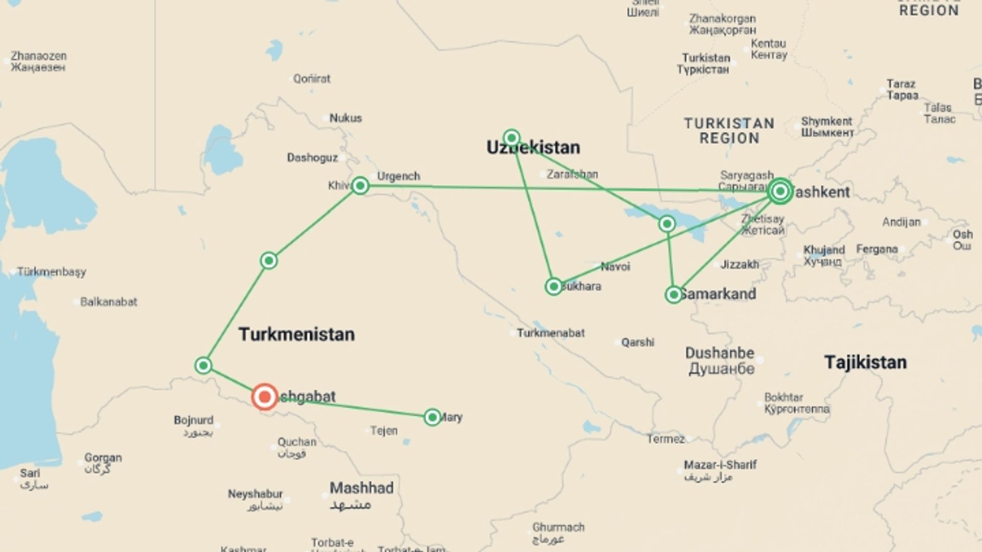 A map showing the tour itinerary for the trip: Uzbekistan & Turkmenistan Adventure, starting in Tashkent, Uzbekistan and ending in Ashgabat, Turkmenistan going through 8 other destinations.