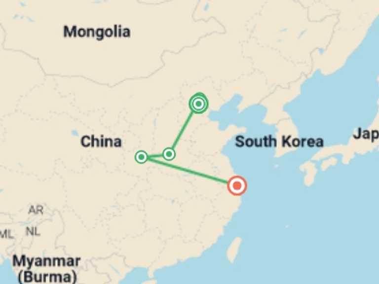 Map of 10-Day China Tour with 6 destination visits for the trip: Great Wall & Warriors - 10 days