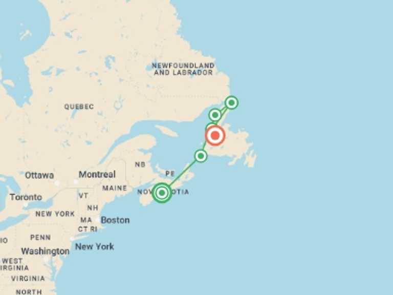 Map of Canada Cultural, religious and historic sites Tour with 6 destination visits for the trip: Newfoundland & Labrador’s Viking Trail