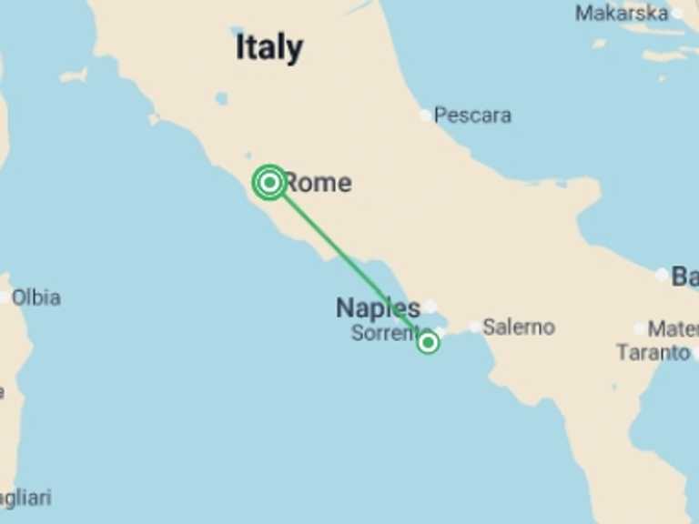 Map itinerary of Italy Tour in June 2026 with 2 destination visits for the trip: Rome & Capri Escape