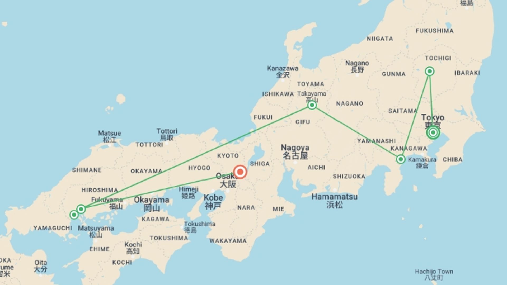 A map showing the tour itinerary for the trip: Japan: Land of the Rising Sun, starting in Tokyo, Japan and ending in Kyoto, Japan going through 4 other destinations.