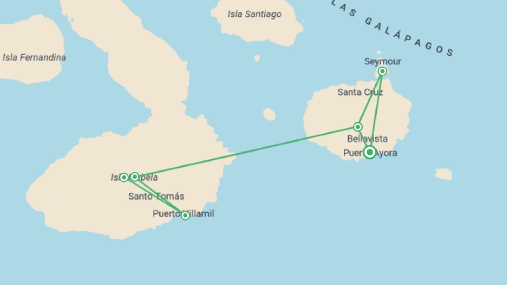A map showing the tour itinerary for the trip: 6-day Galápagos Escape: Volcano Trails & Wildlife Encounters, starting in Puerto Ayora, Ecuador and ending in Puerto Ayora, Ecuador going through 3 other destinations.