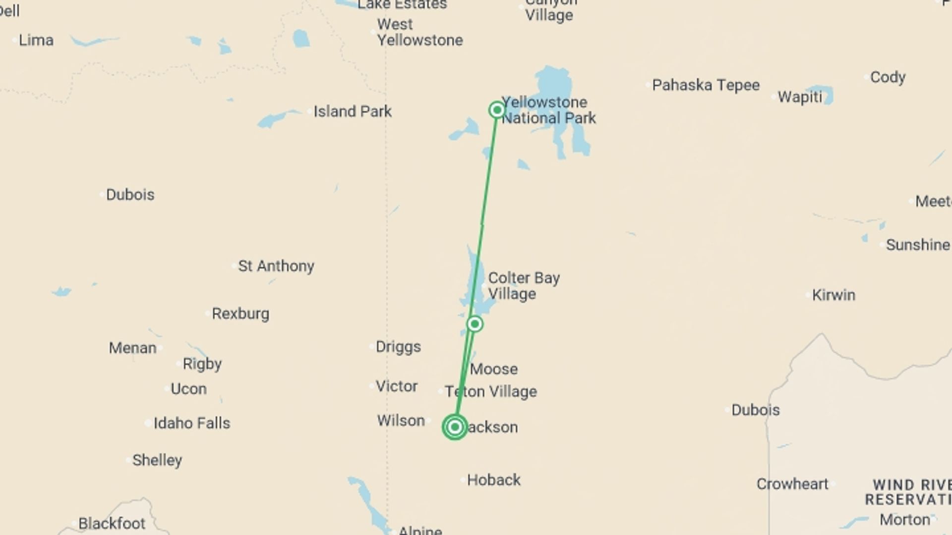 A map showing the tour itinerary for the trip: Yellowstone and Grand Tetons Adventure, starting in Jackson, USA and ending in Jackson, USA going through 2 other destinations.