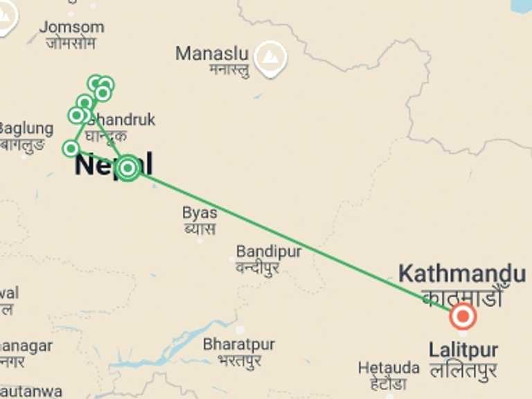 Map of Pokhara Trekking and Hiking Tour with 9 destination visits for the trip: Annapurna Base Camp Trek