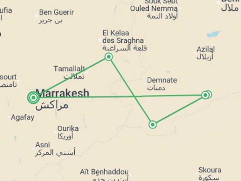 Map itinerary of Mediterranean Tour in March 2027 with 5 destination visits for the trip: Marrakech & High Atlas Trek - 8 days