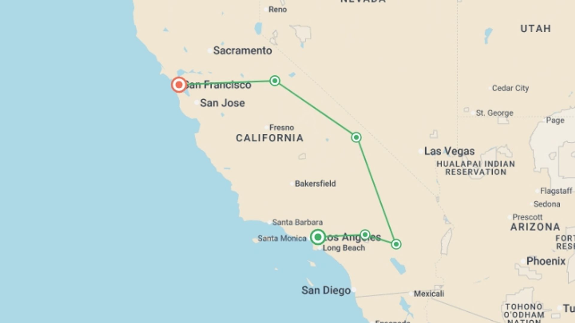A map showing the tour itinerary for the trip: Best of California National Parks - 6 days, starting in Los Angeles, USA and ending in San Francisco, USA going through 4 other destinations.
