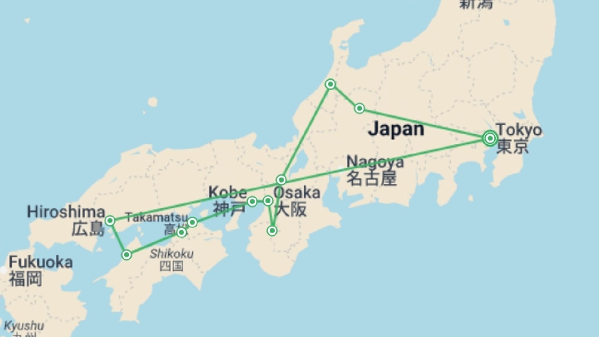 A map showing the tour itinerary for the trip: Colors of Japan and Hiroshima, starting in Tokyo, Japan and ending in Tokyo, Japan going through 7 other destinations.