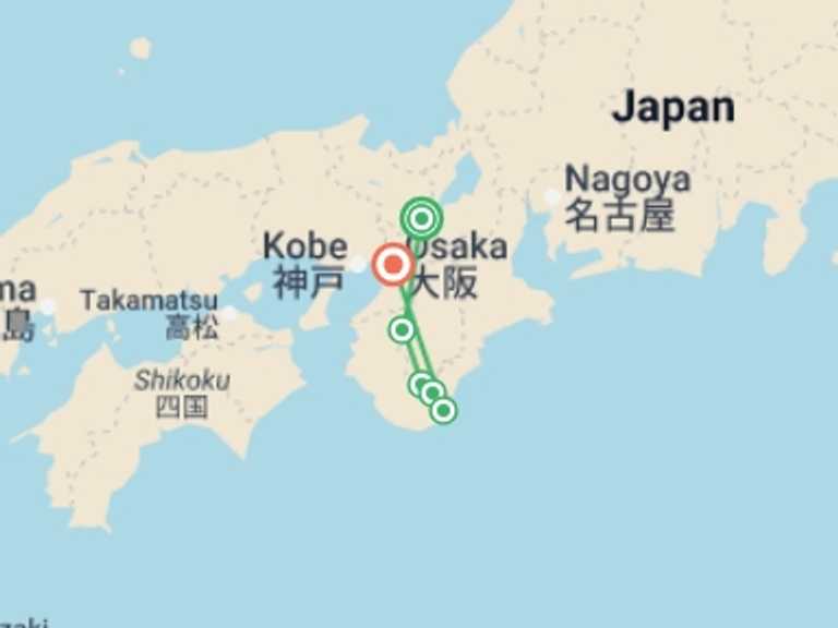 Map itinerary of Asia Tour in November 2026 with 7 destination visits for the trip: Japan: Koya-san & Kumano Kodo Trek