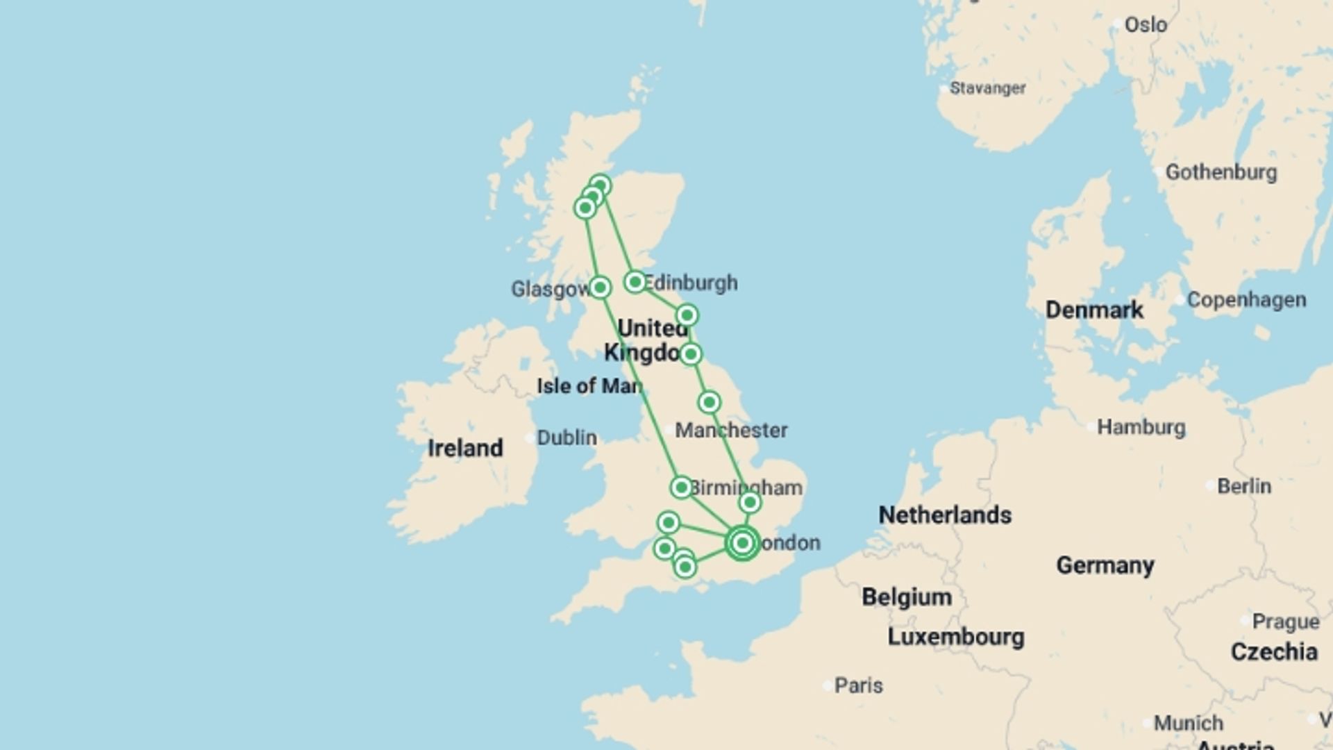 A map showing the tour itinerary for the trip: London, Scotland, and Southern England, starting in London, England and ending in London, England going through 5 other destinations.