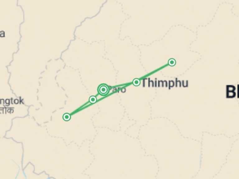 Map of Asia Tour with 5 destination visits for the trip: Bhutan: The Haa Valley, Himalayan Passes & Tiger's Nest