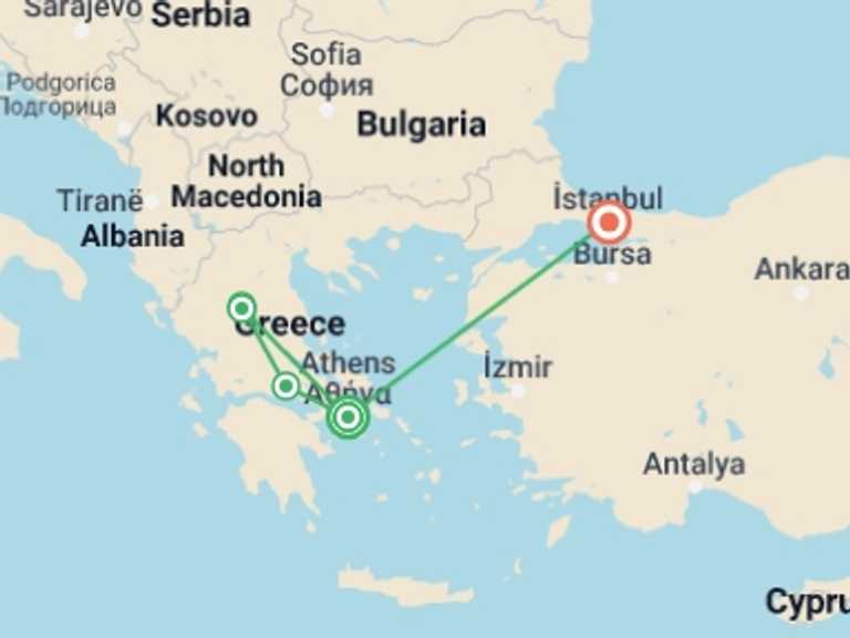 Map of 9-Day Athens Tour with 3 destination visits for the trip: Essential Greece and Istanbul