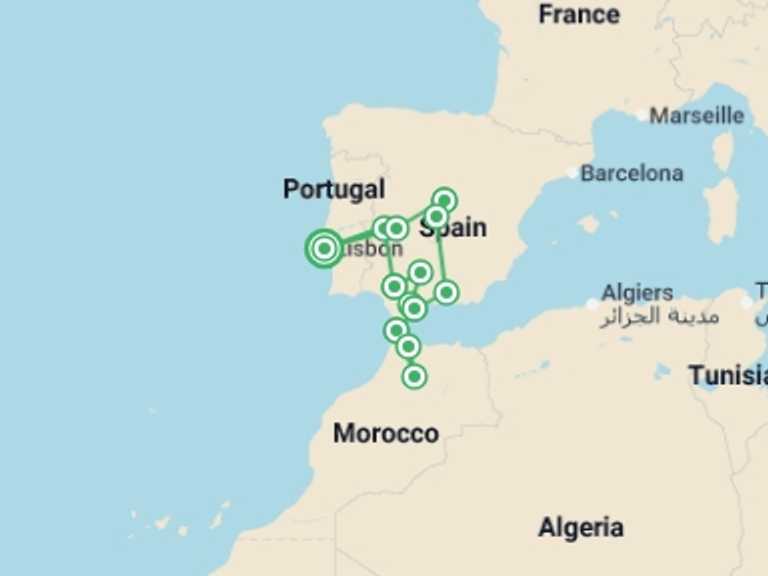Map of a Adventure and sport Tour with 8 destination visits for the trip: Lisbon, Andalucia & Morocco Loop - 12 days