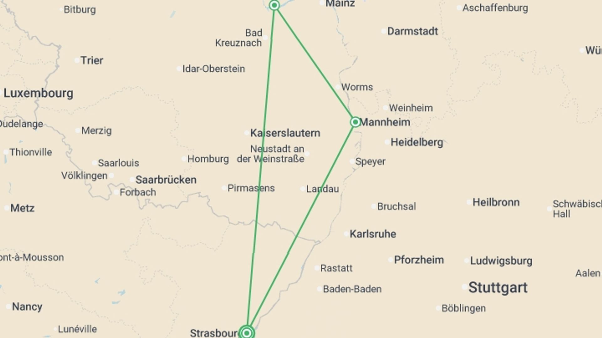 A map showing the tour itinerary for the trip: LOYALTY CRUISE - The Rhine in Celebration! (Port to Port), starting in Strasbourg, France and ending in Strasbourg, France going through 2 other destinations.