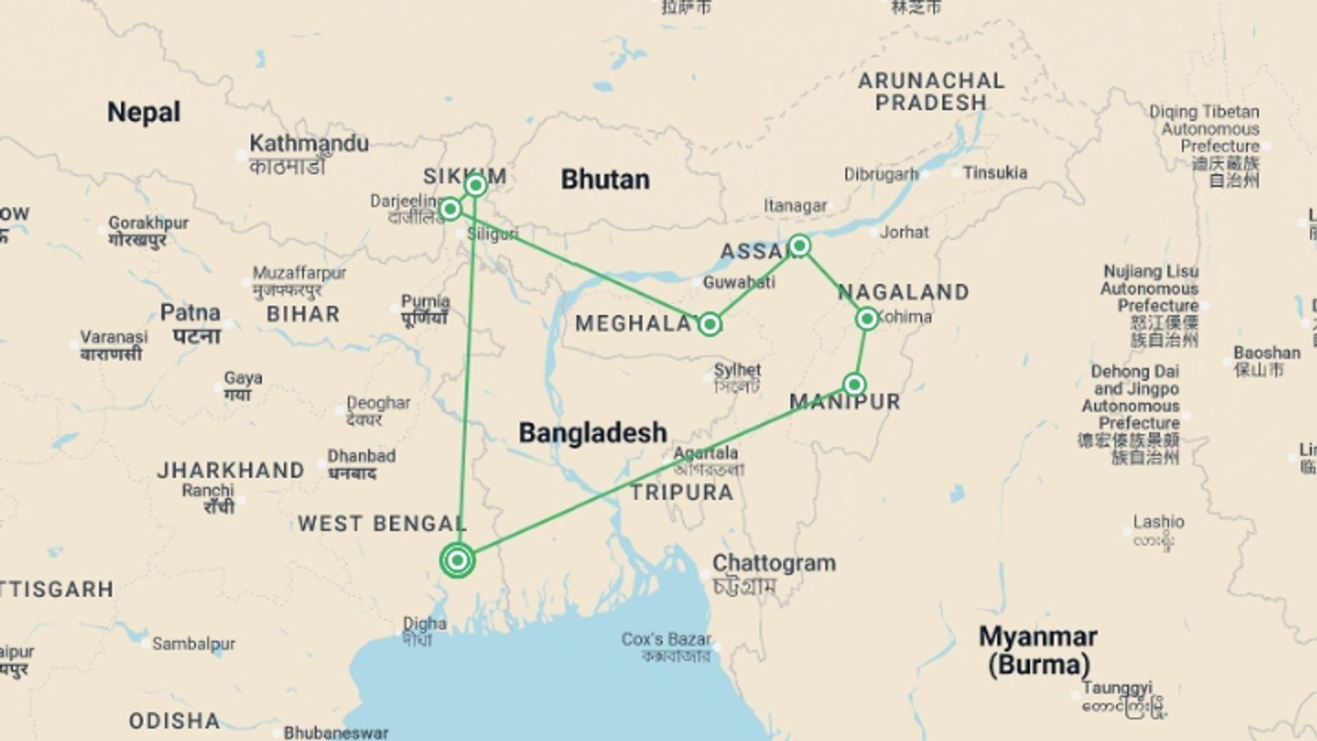 A map showing the tour itinerary for the trip: India Expedition: Sikkim, Assam & Nagaland, starting in Kolkata, India and ending in Kolkata, India going through 6 other destinations.