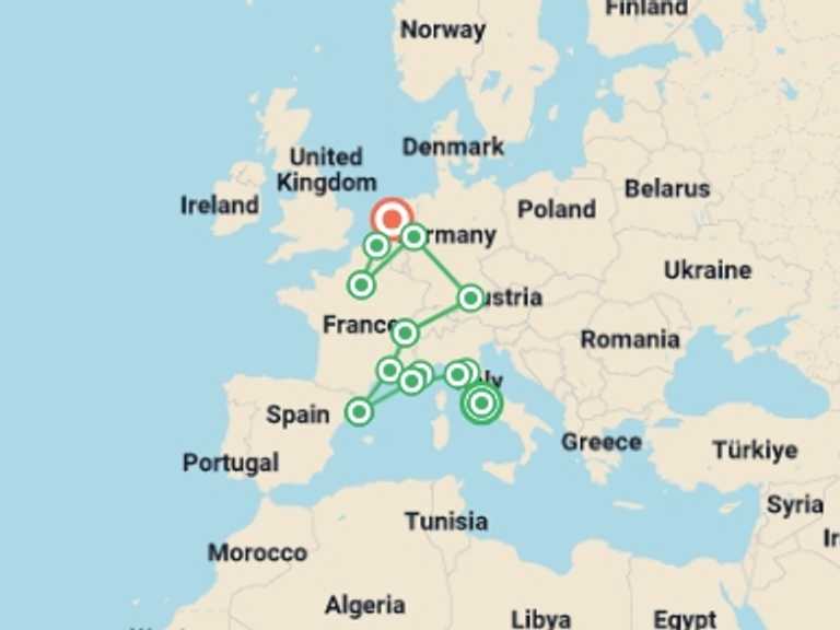 Map of Europe Tour with 11 destination visits for the trip: Western Adventure
