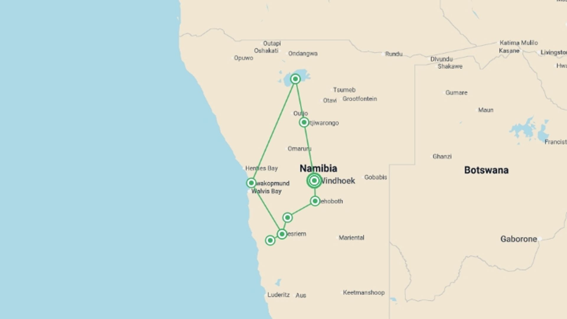 A map showing the tour itinerary for the trip: Namibia Sand Dunes & Safari - 8 days , starting in Windhoek, Namibia and ending in Windhoek, Namibia going through 3 other destinations.