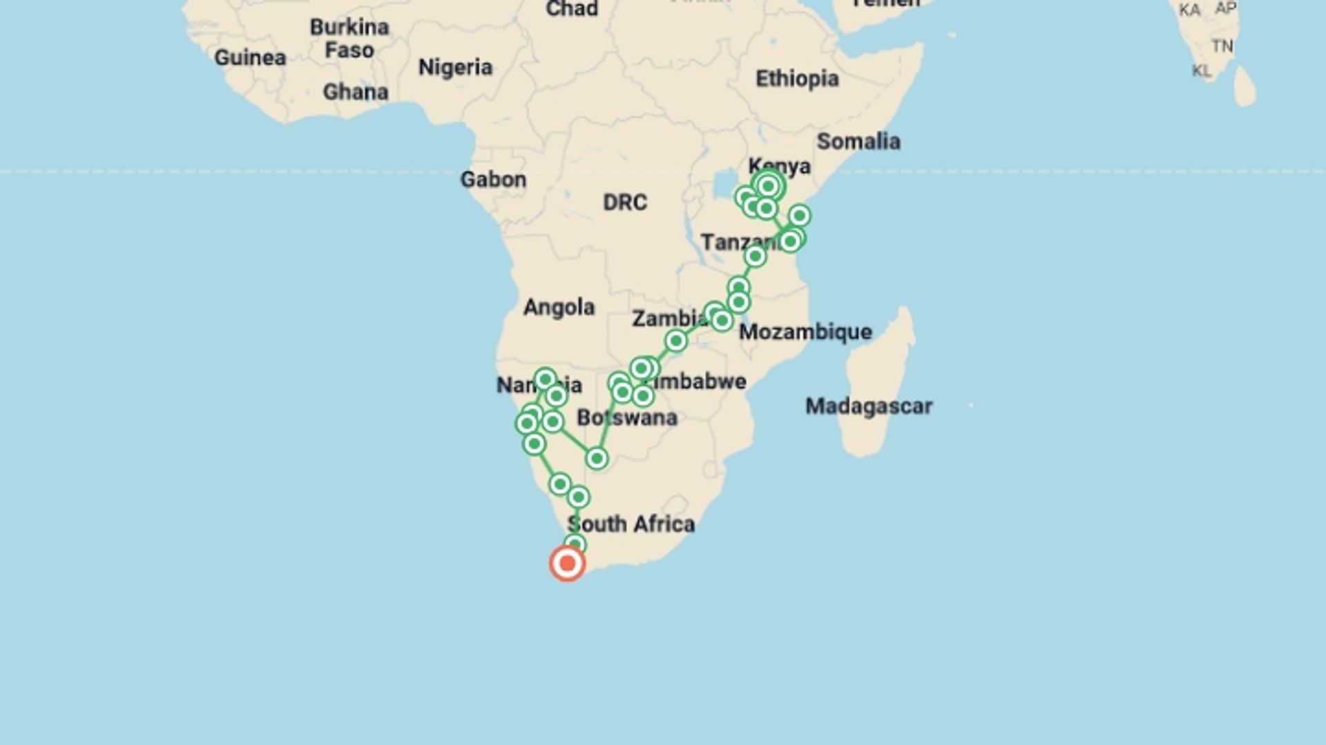 A map showing the tour itinerary for the trip: Nairobi to Cape Town Overland Safari & Participation Camping, starting in Nairobi, Kenya and ending in Cape Town, South Africa going through 28 other destinations.