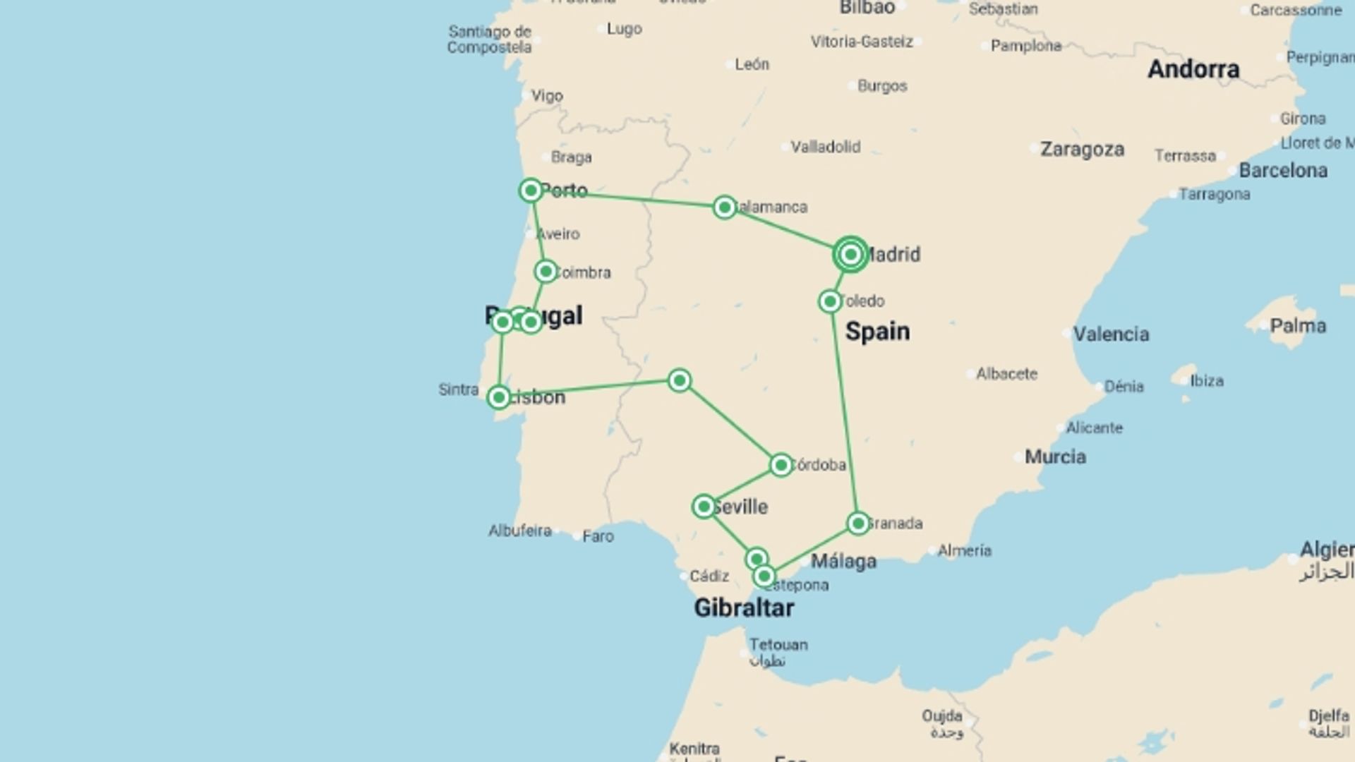 A map showing the tour itinerary for the trip: Portugal & Andalusia Explorer Superior - 14 days, starting in Madrid, Spain and ending in Madrid, Spain going through 7 other destinations.