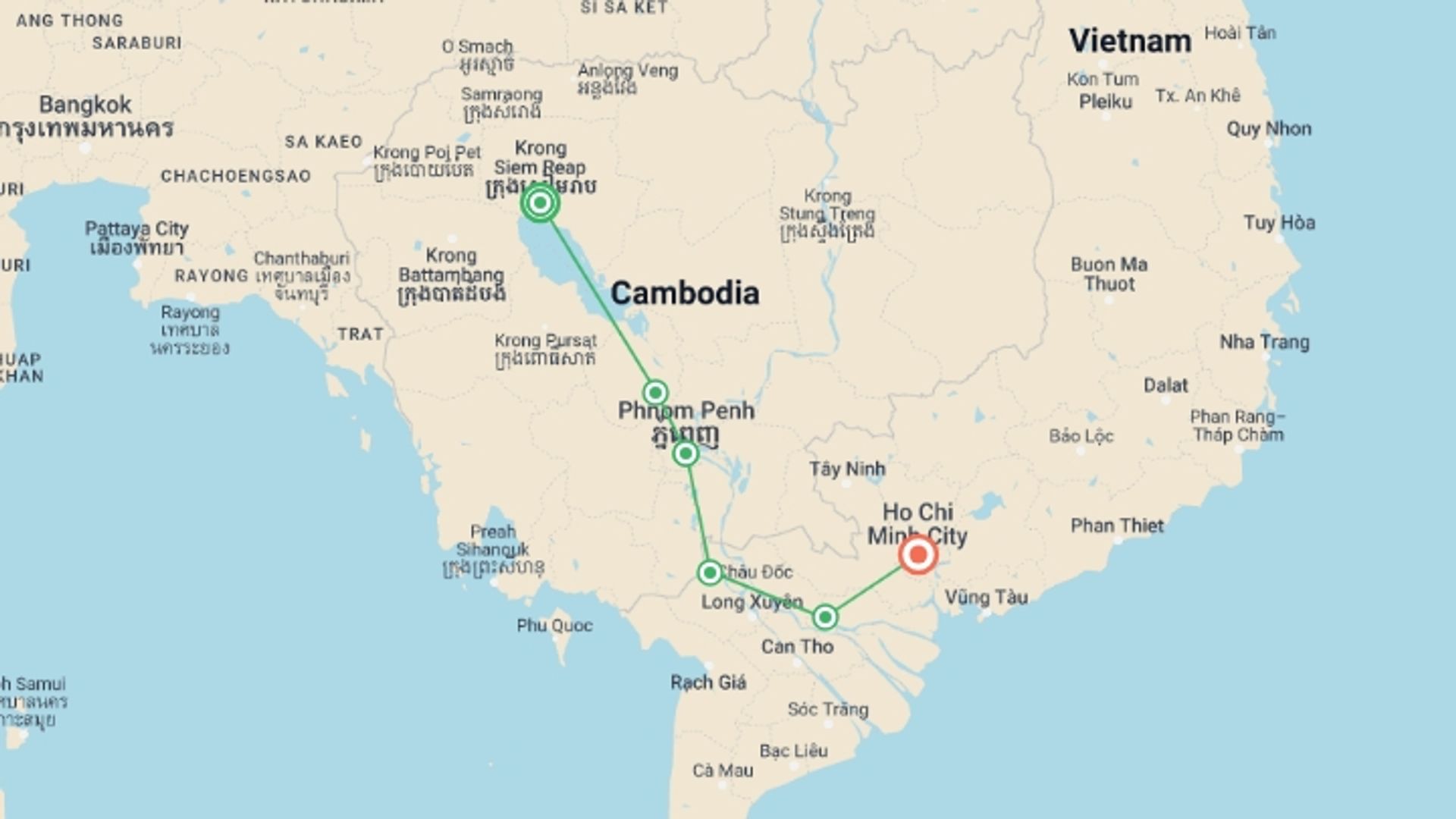 A map showing the tour itinerary for the trip: From the Angkor Temples to the Mekong Delta (port-to-port cruise), starting in Siem Reap, Cambodia and ending in Ho Chi Minh City, Vietnam going through 4 other destinations.
