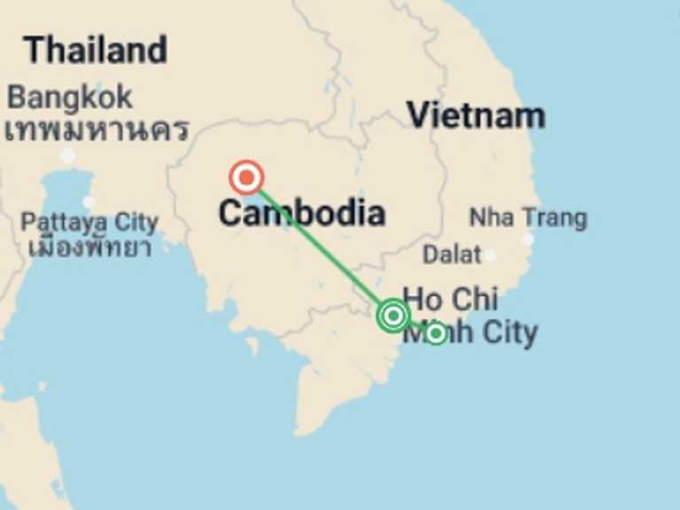 Map of Ho Chi Minh City Beach Tour with 4 destination visits for the trip: Vietnam Beach Escape and Siem Reap