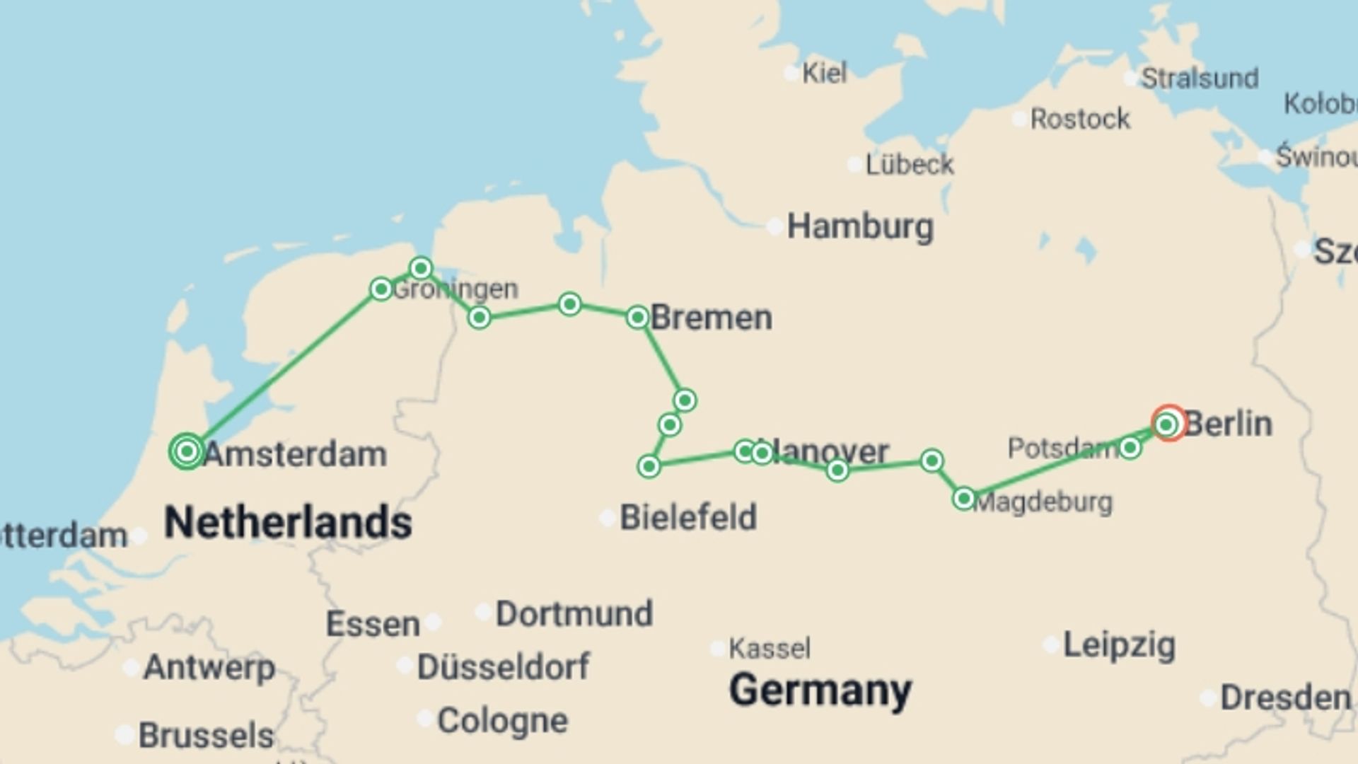 A map showing the tour itinerary for the trip: From Amsterdam to Berlin (port-to-port cruise), starting in Amsterdam, Holland and ending in Berlin, Germany going through 7 other destinations.