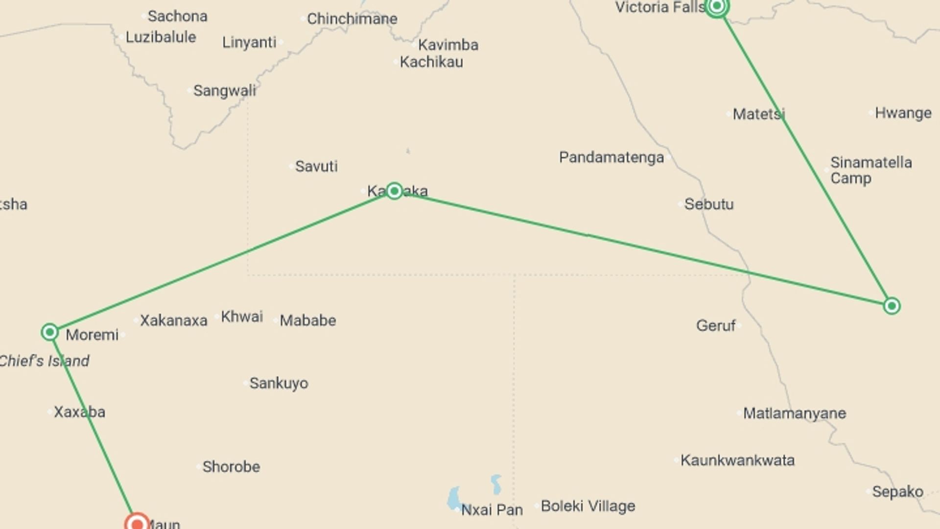 A map showing the tour itinerary for the trip: Journeys: Botswana & Zimbabwe Safari, starting in Victoria Falls, Zimbabwe and ending in Maun, Botswana going through 3 other destinations.
