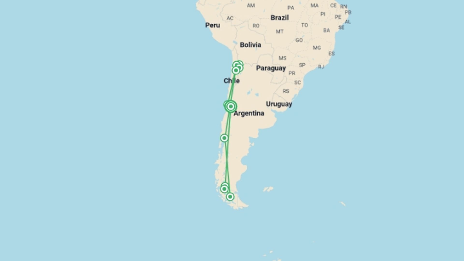 A map showing the tour itinerary for the trip: Highlights of Chile - Atacama to Paine, starting in Santiago, Chile and ending in Santiago, Chile going through 9 other destinations.