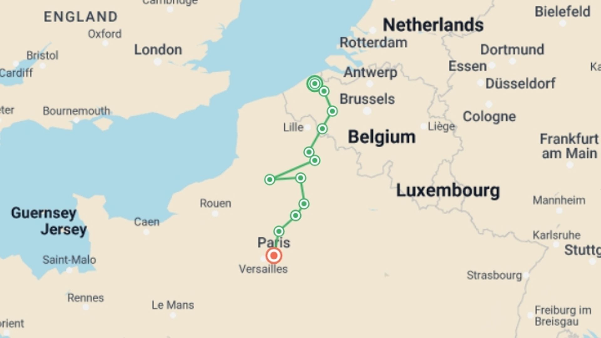 A map showing the tour itinerary for the trip: Paris to Bruges Bike and Barge, starting in Bruges, Belgium and ending in Paris, France going through 0 other destinations.