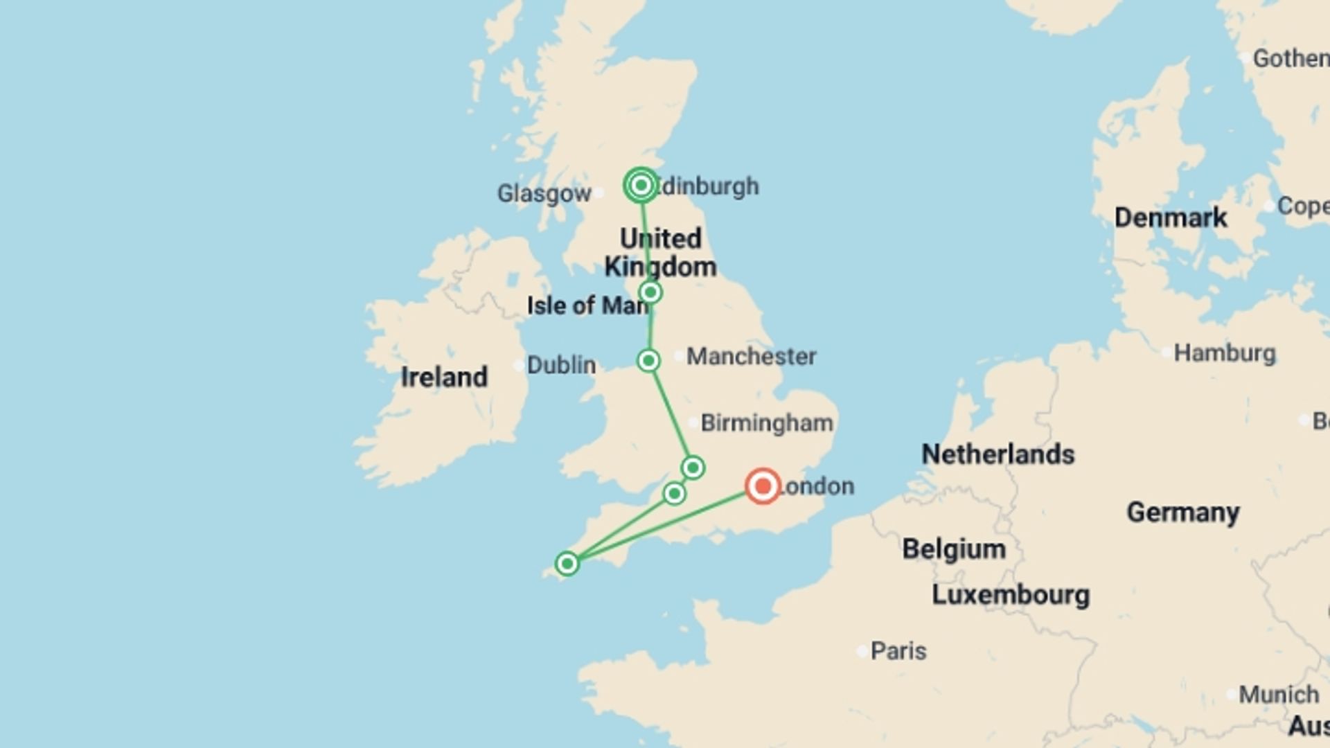 A map showing the tour itinerary for the trip: Coasts & Countrysides of England featuring the Royal Edinburgh Military Tattoo, Liverpool & London, starting in Edinburgh, Scotland and ending in London, England going through 1 other destinations.