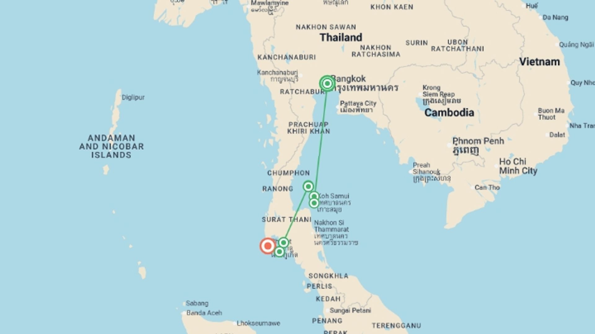 A map showing the tour itinerary for the trip: Thai Island Explorer, starting in Bangkok, Thailand and ending in Phuket, Thailand going through 6 other destinations.
