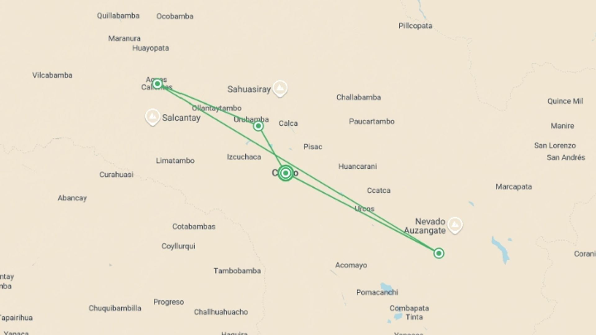 A map showing the tour itinerary for the trip: 5-Day Journey of Colors, starting in Cusco, Peru and ending in Cusco, Peru going through 3 other destinations.