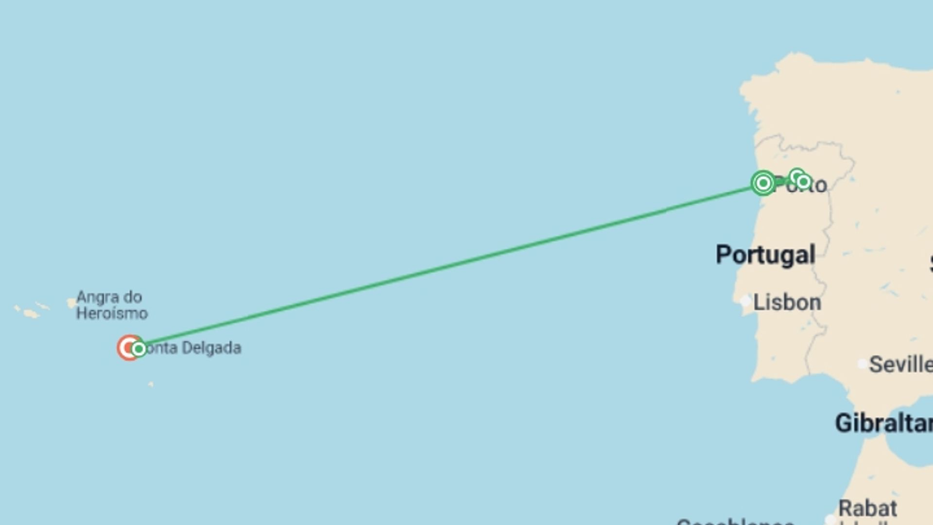 A map showing the tour itinerary for the trip: Highlights of Porto & the Azores - 9 days, starting in Porto, Portugal and ending in Ponta delgada, Portugal going through 2 other destinations.