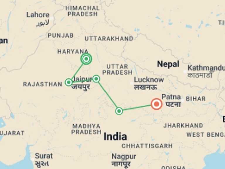 Map itinerary of Asia Tour in August 2026 with 5 destination visits for the trip: Classic India, Khajuraho & Varanasi (3 Star) - 9 days