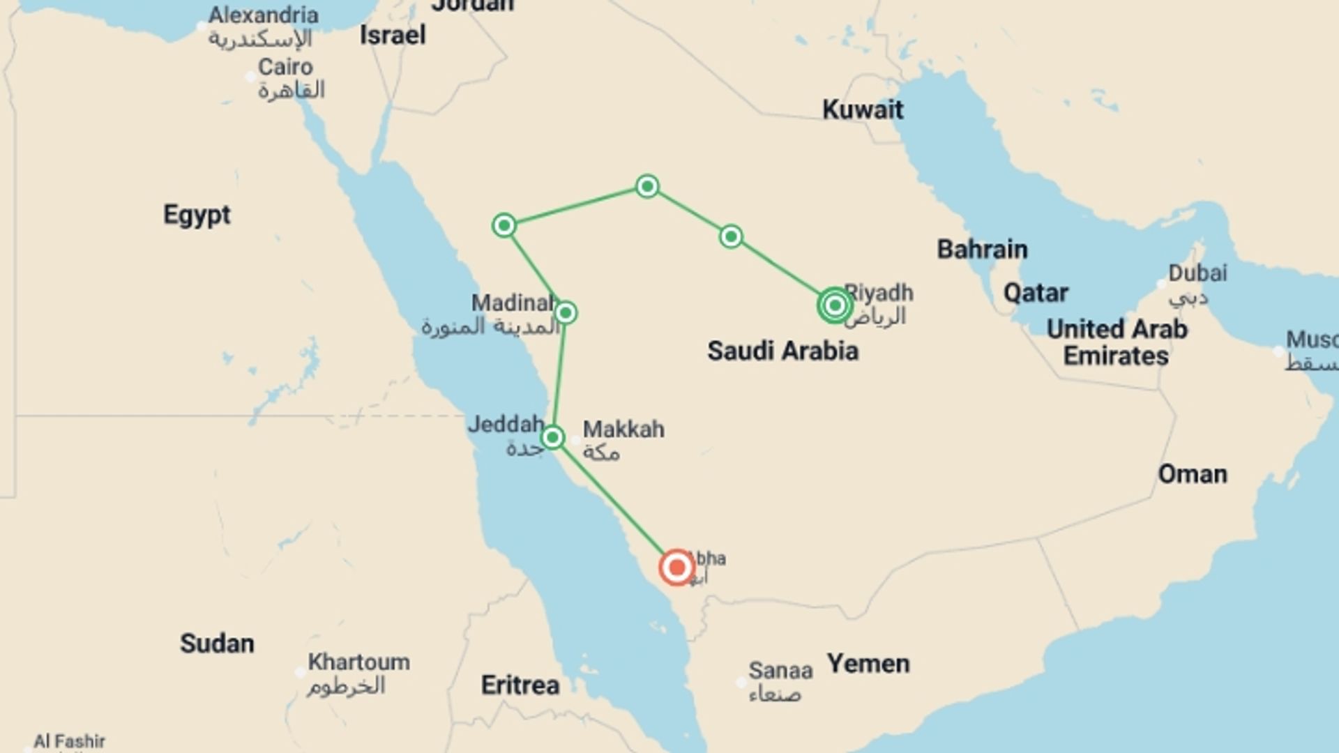 A map showing the tour itinerary for the trip: Saudi Arabia Explorer - Total Eclipse, starting in Riyadh, Saudi Arabia and ending in Riyadh, Saudi Arabia going through 6 other destinations.