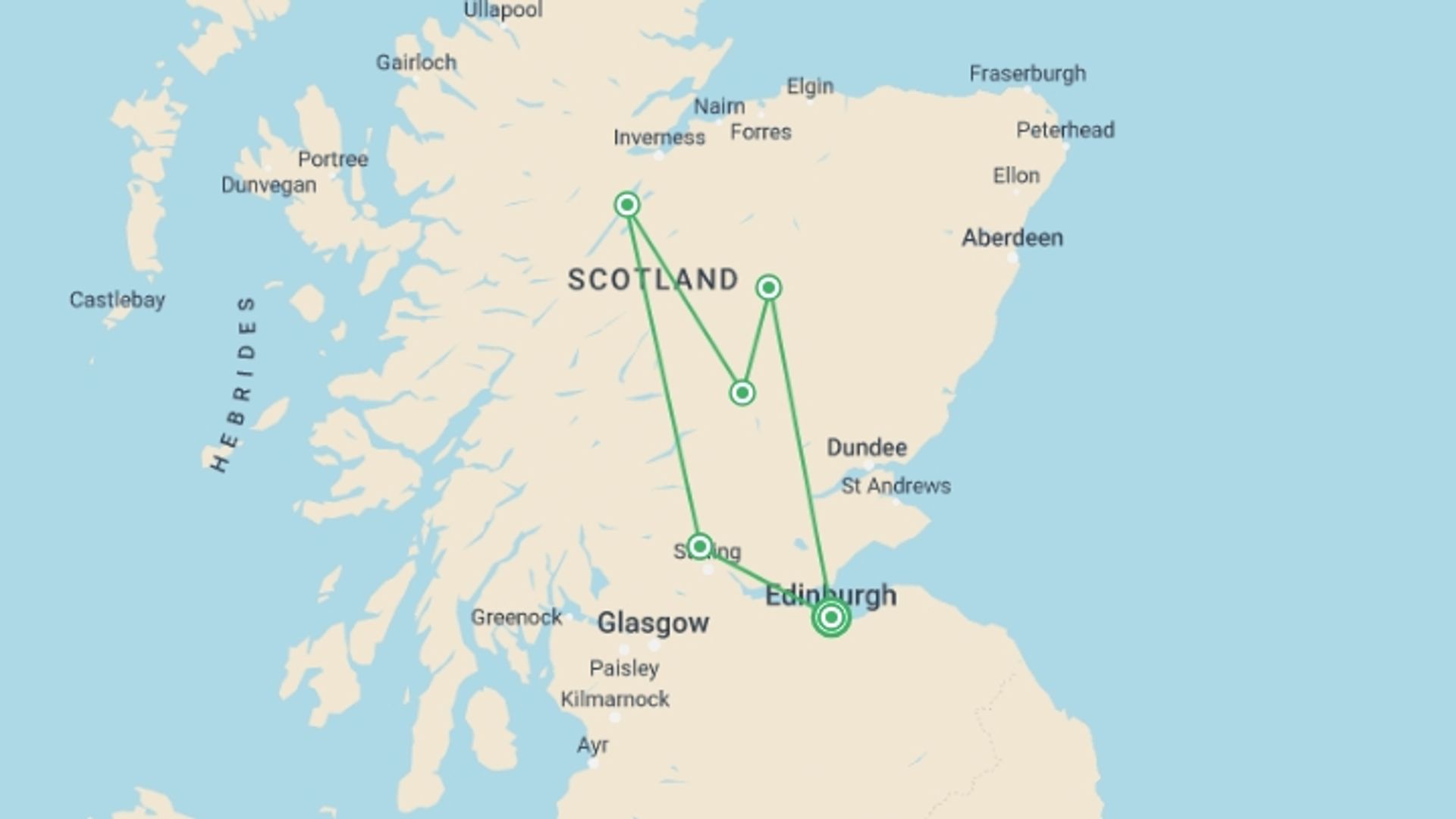 A map showing the tour itinerary for the trip: Classic Scotland: Edinburgh to the Highlands, starting in Edinburgh, Scotland and ending in Edinburgh, Scotland going through 4 other destinations.