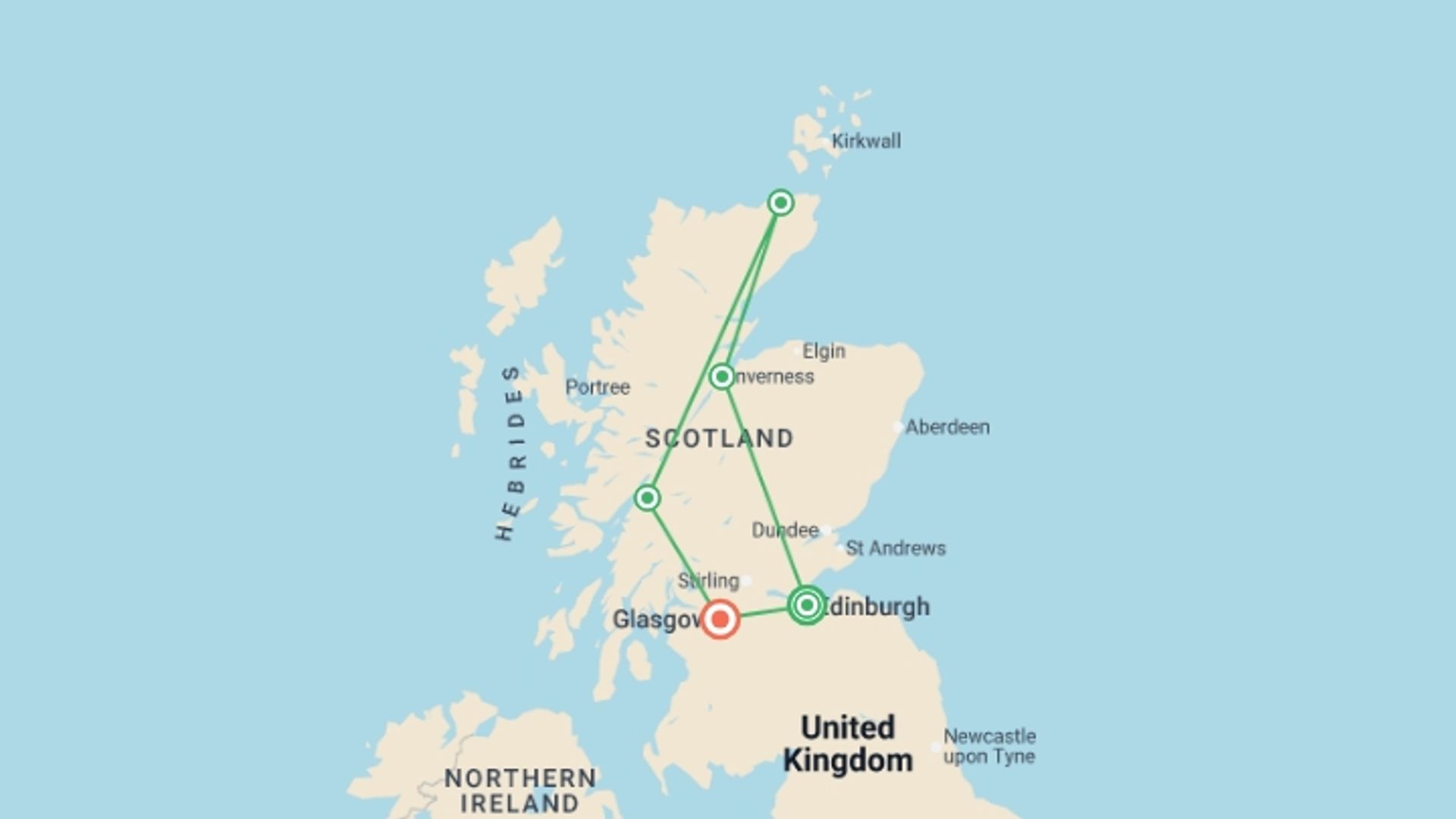 A map showing the tour itinerary for the trip: Discover Scotland , starting in Edinburgh, Scotland and ending in Glasgow, Scotland going through 3 other destinations.