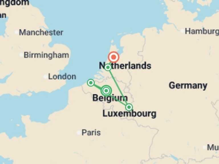 Map itinerary of Europe Tour in May 2026 with 5 destination visits for the trip: Country Roads of Belgium, Luxembourg & the Netherlands