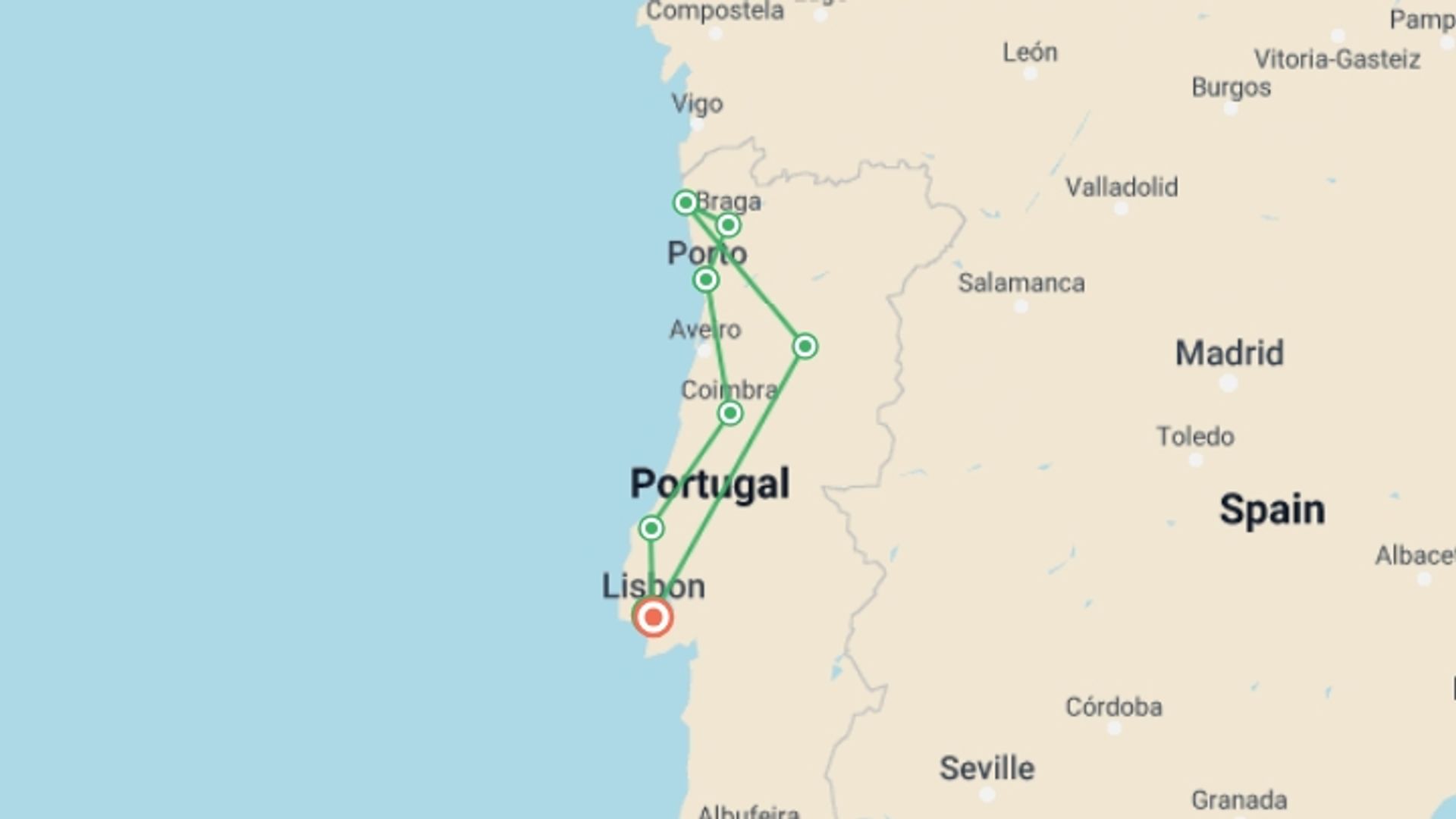 A map showing the tour itinerary for the trip: Best of the Portuguese Camino, starting in Lisbon, Portugal and ending in Santiago, Portugal going through 7 other destinations.