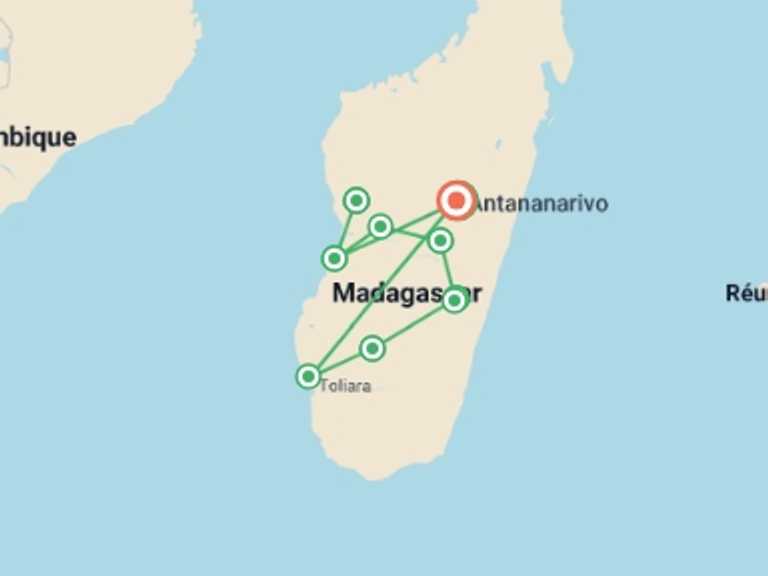 Map itinerary of Antananarivo Tour in June 2026 with 11 destination visits for the trip: Madagascar Wildlife Adventure