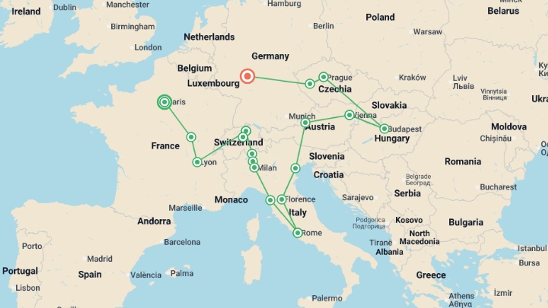 A map showing the tour itinerary for the trip: Solo Lite Epic European Experience, starting in Paris, France and ending in Frankfurt, Germany going through 12 other destinations.