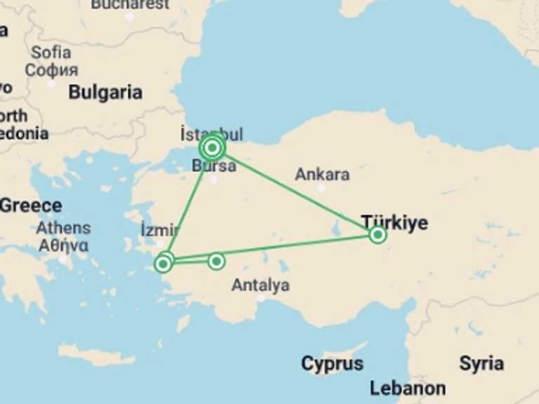Map of Europe Tour with 3 destination visits for the trip: Istanbul, Ephesus, Pamukkale & Cappadocia Tour
