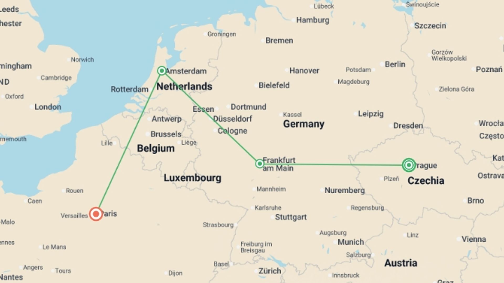 A map showing the tour itinerary for the trip: From Prague to Paris GO, starting in Prague, Czech Republic and ending in Paris, France going through 2 other destinations.