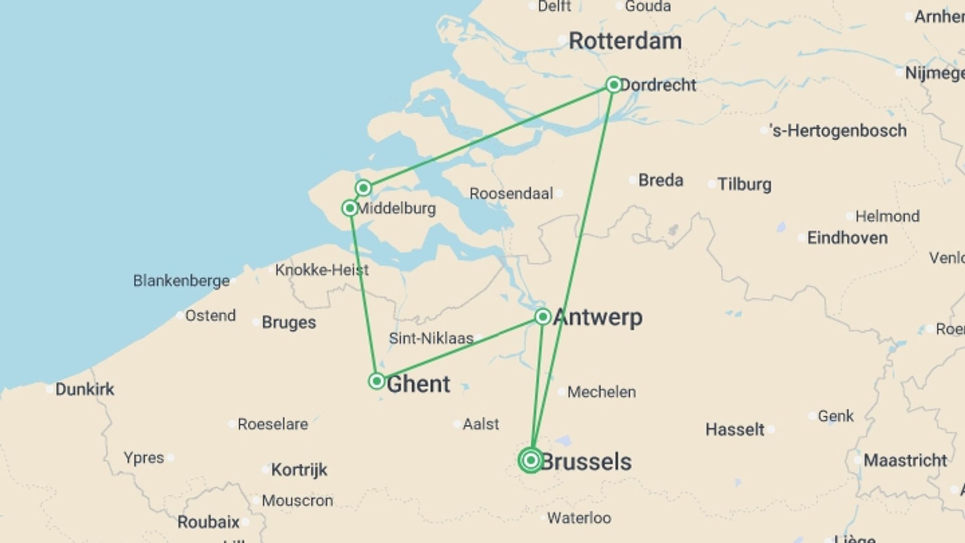 A map showing the tour itinerary for the trip: An Exclusive Cruise to Top Sites in Northern Europe (port-to-port cruise), starting in Brussels, Belgium and ending in Brussels, Belgium going through 5 other destinations.