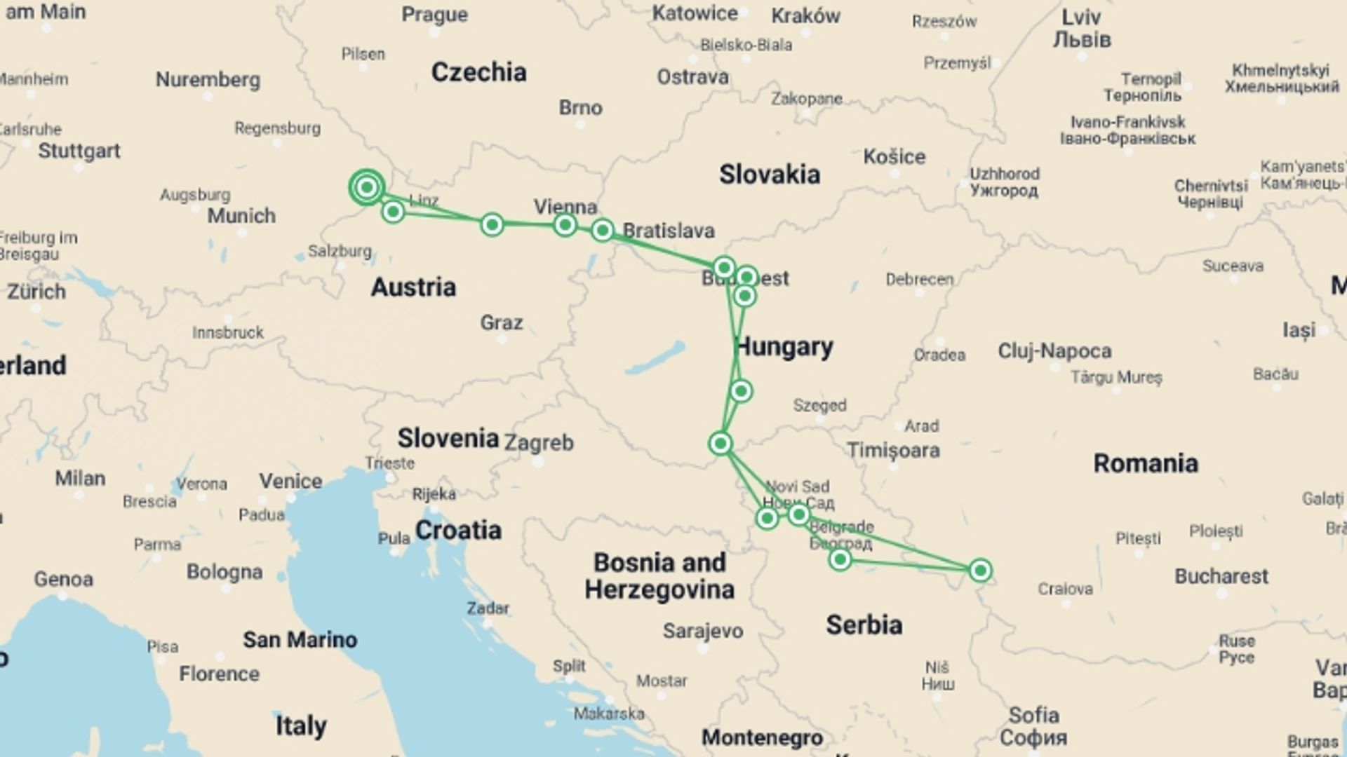 A map showing the tour itinerary for the trip: Danube to the Iron Gates Bike and Boat, starting in Passau, Germany and ending in Passau, Germany going through 11 other destinations.