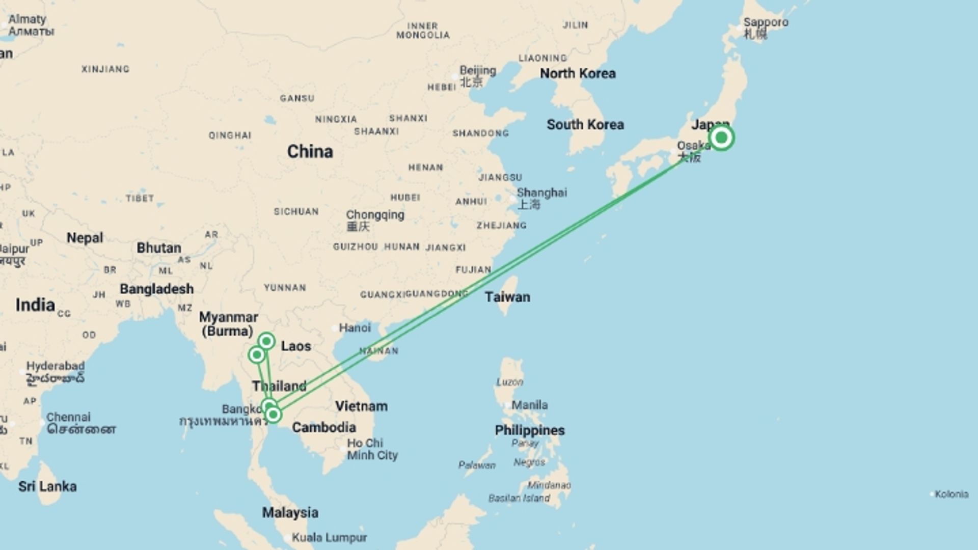 A map showing the tour itinerary for the trip: Tokyo Anime Adventure - 7 days, starting in Tokyo, Japan and ending in Tokyo, Japan going through 5 other destinations.